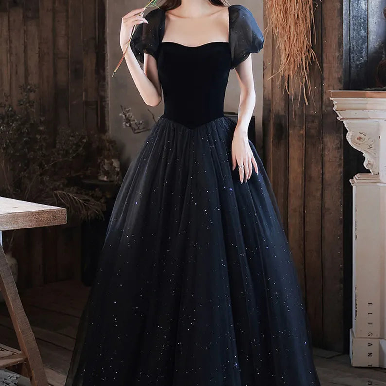 Evening Dress Sweetheart Neck Puff Sleeve Tulle Sequin Longuette Fantastic Elegant Formal Wear Dresses