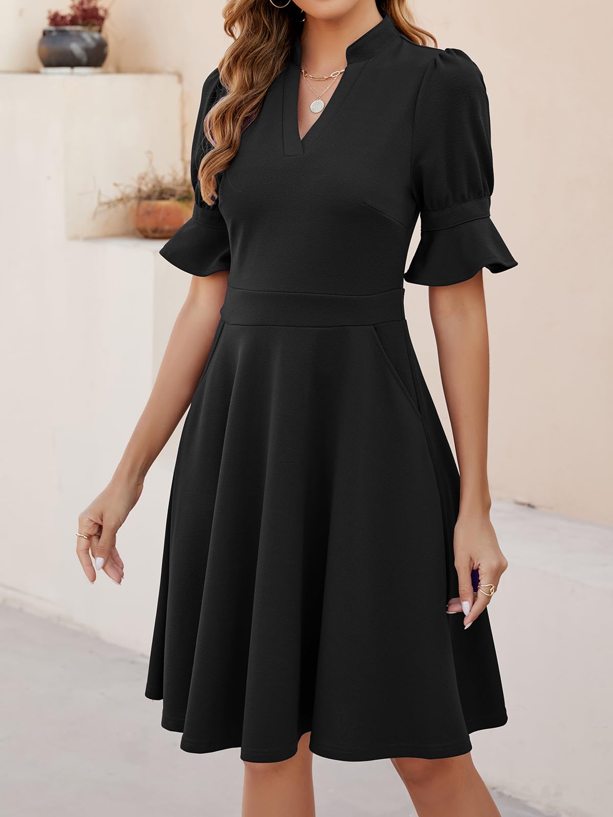 Evening Dress Womens V Neck Ruffle Short Sleeve Fit and Flare Knee Length Dresses with Pockets Formal Wear Dresses Wedding Guest Dress