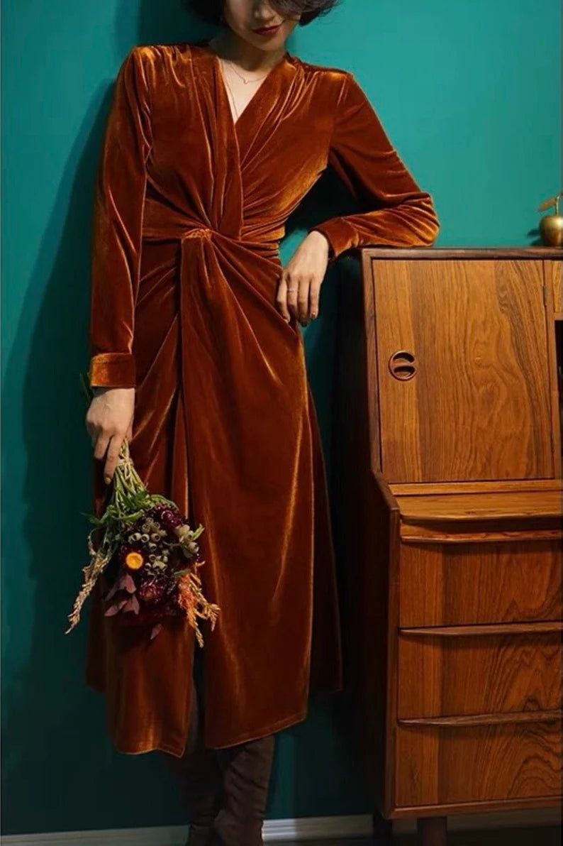 Evening Dress Velvet Dress Long Sleeves V Neck Fashion Formal Dresses Wedding Guest Dress