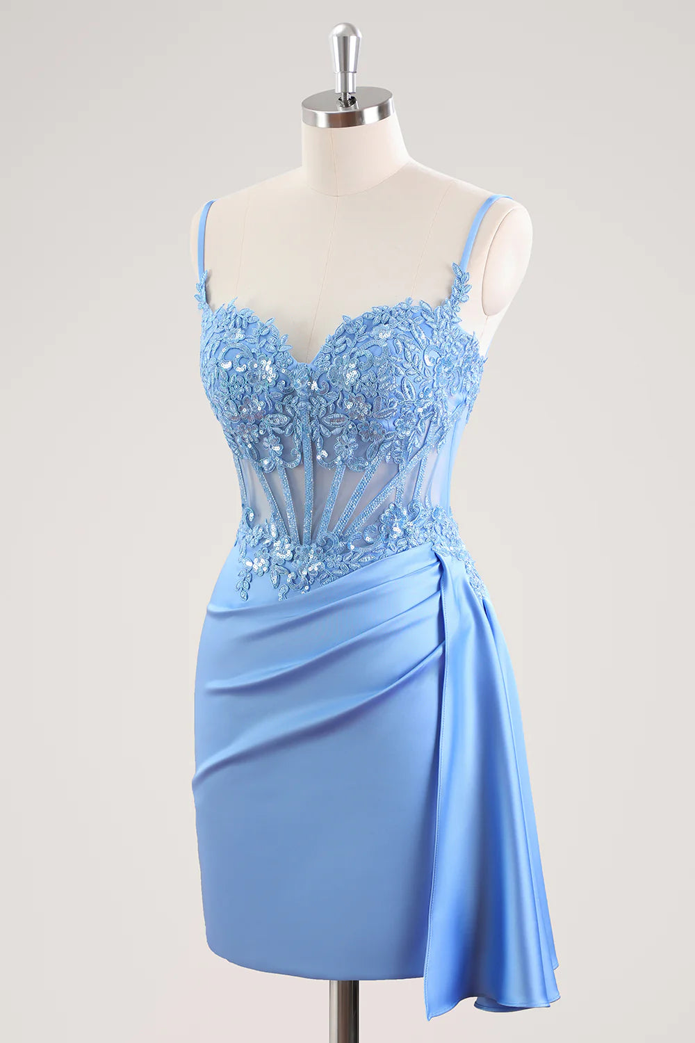 AABEI DRESS For Women Mini Dress Blue Sheath Spaghetti Straps Sleeveless Sweetheart Neckline Lace Applique Pleated Hot Sale Homecoming Dress