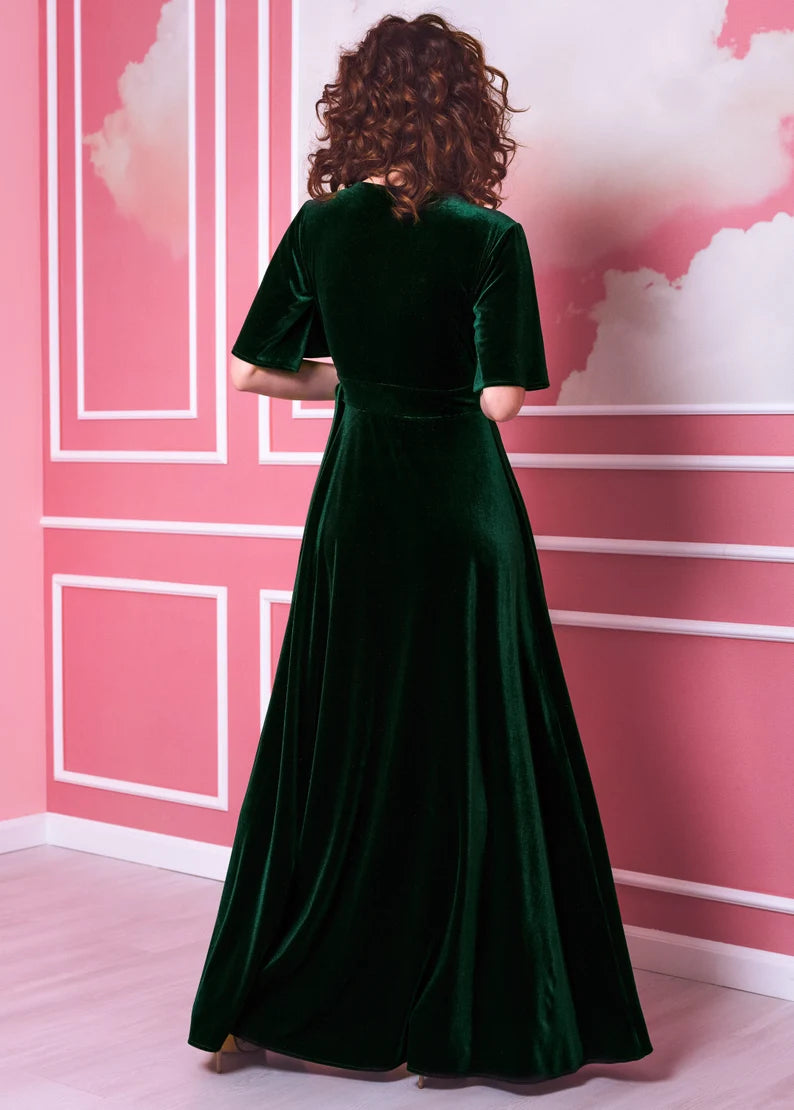Evening Dress Velvet Dress V Neck Flutter Sleeves Wrap Maxi Dress Formal Dresses Wedding Guest Dress