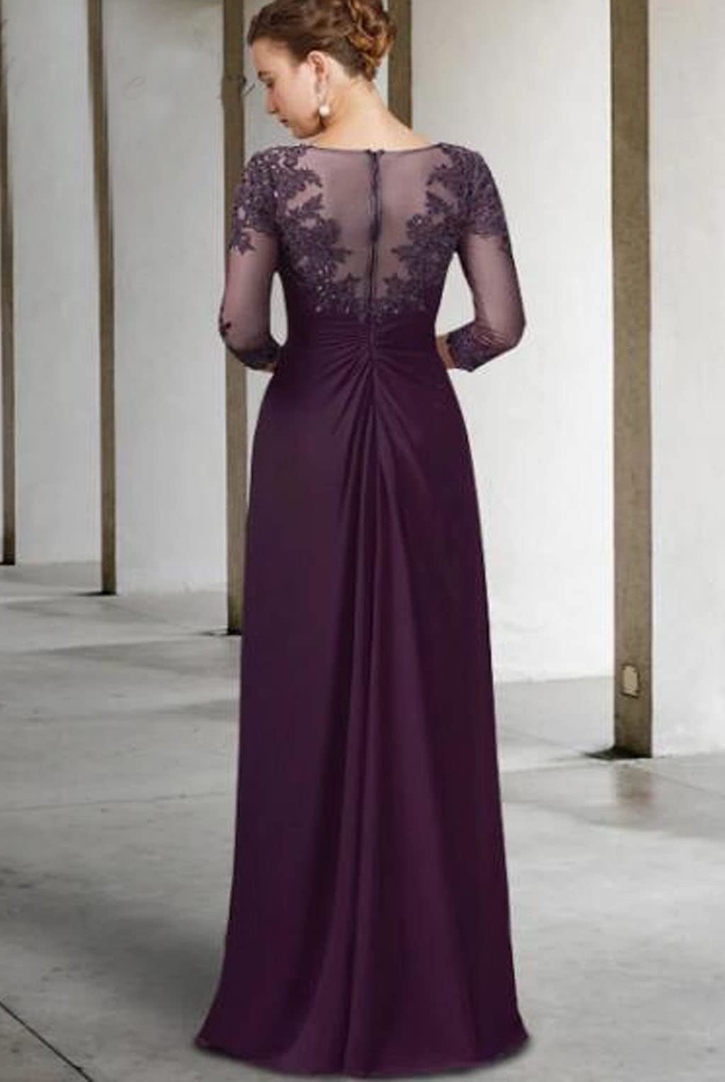 Sheath / Column Mother of the Bride Dress Wedding Guest Elegant V Neck Ankle Length Chiffon Lace Half Sleeve with Ruching Solid Color