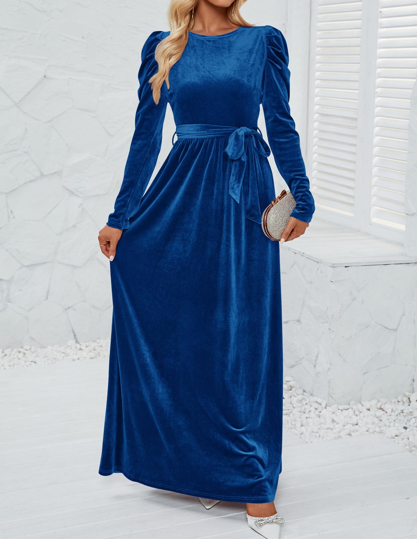 Evening Dress Women's Velvet Maxi Dress Long Puff Sleeve Crew Neck Formal Wear Dresses Wedding Guest Dress