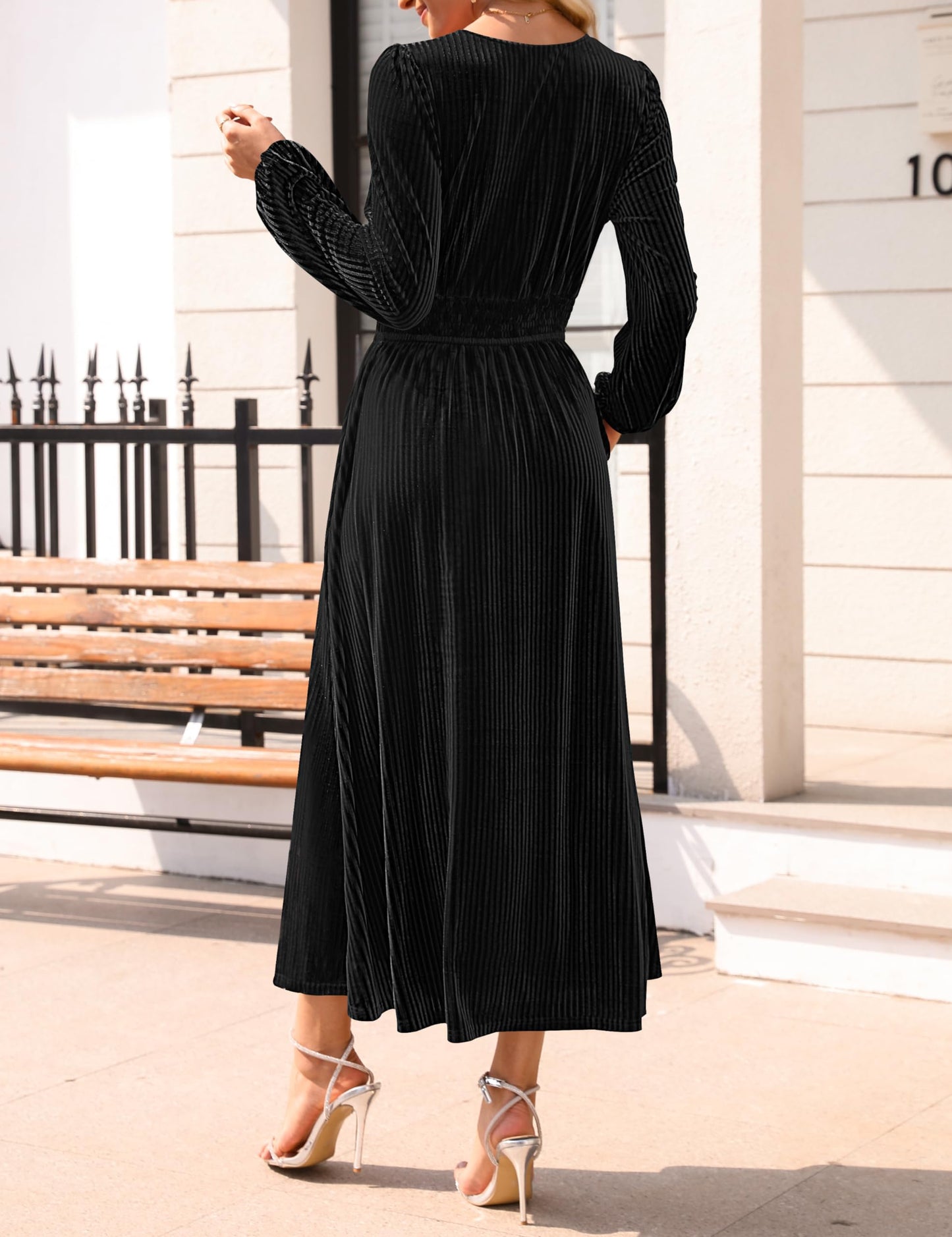 Evening Dress Women's Velvet Midi Dress Casual V Neck Long Sleeve Solid Color Elastic High Waist Flowy Formal Wear Dresses Wedding Guest Dress