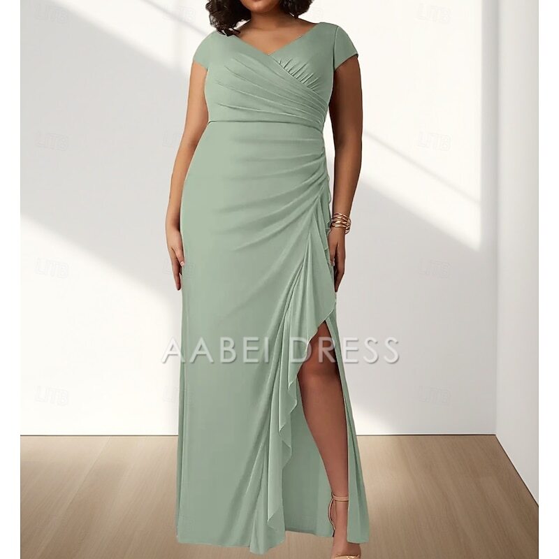 AABEI DRESS Wedding Guest Dress Elegant Mermaid V Neck Short Sleeve Pleats Split Curve Front Ruching Floor Length Plus Size Mother of the Bride Dress