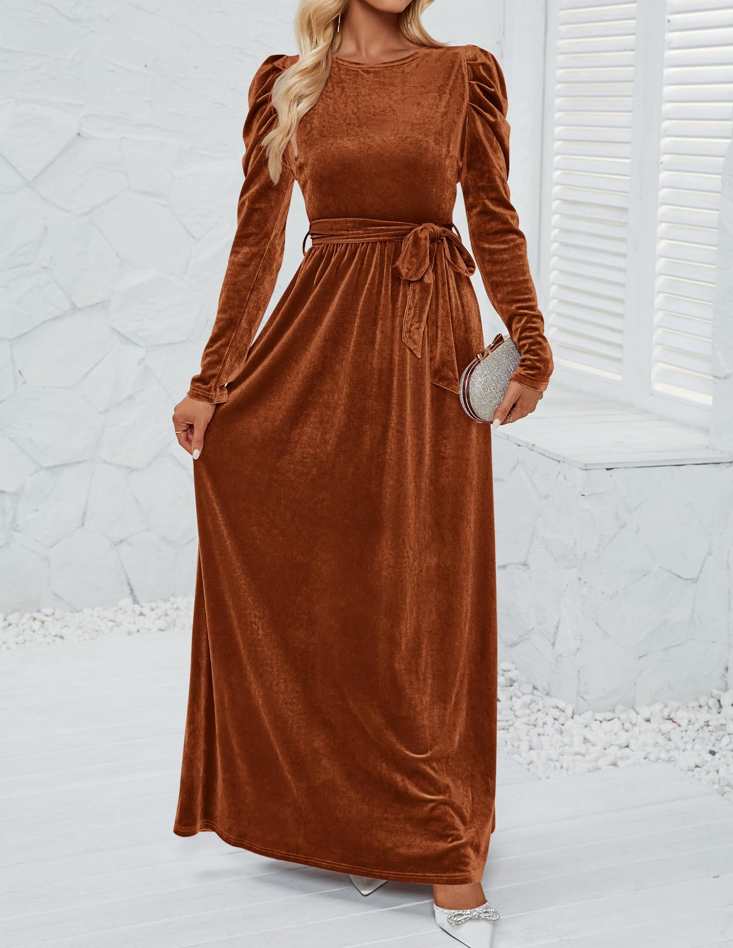 Evening Dress Women's Velvet Maxi Dress Long Puff Sleeve Crew Neck Formal Wear Dresses Wedding Guest Dress