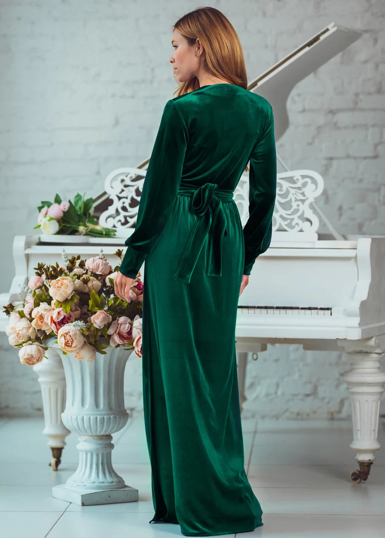 Evening Dress Velvet Dress V Neck Wrap Dress Long Seeves Longuette Formal Dresses Wedding Guest Dress