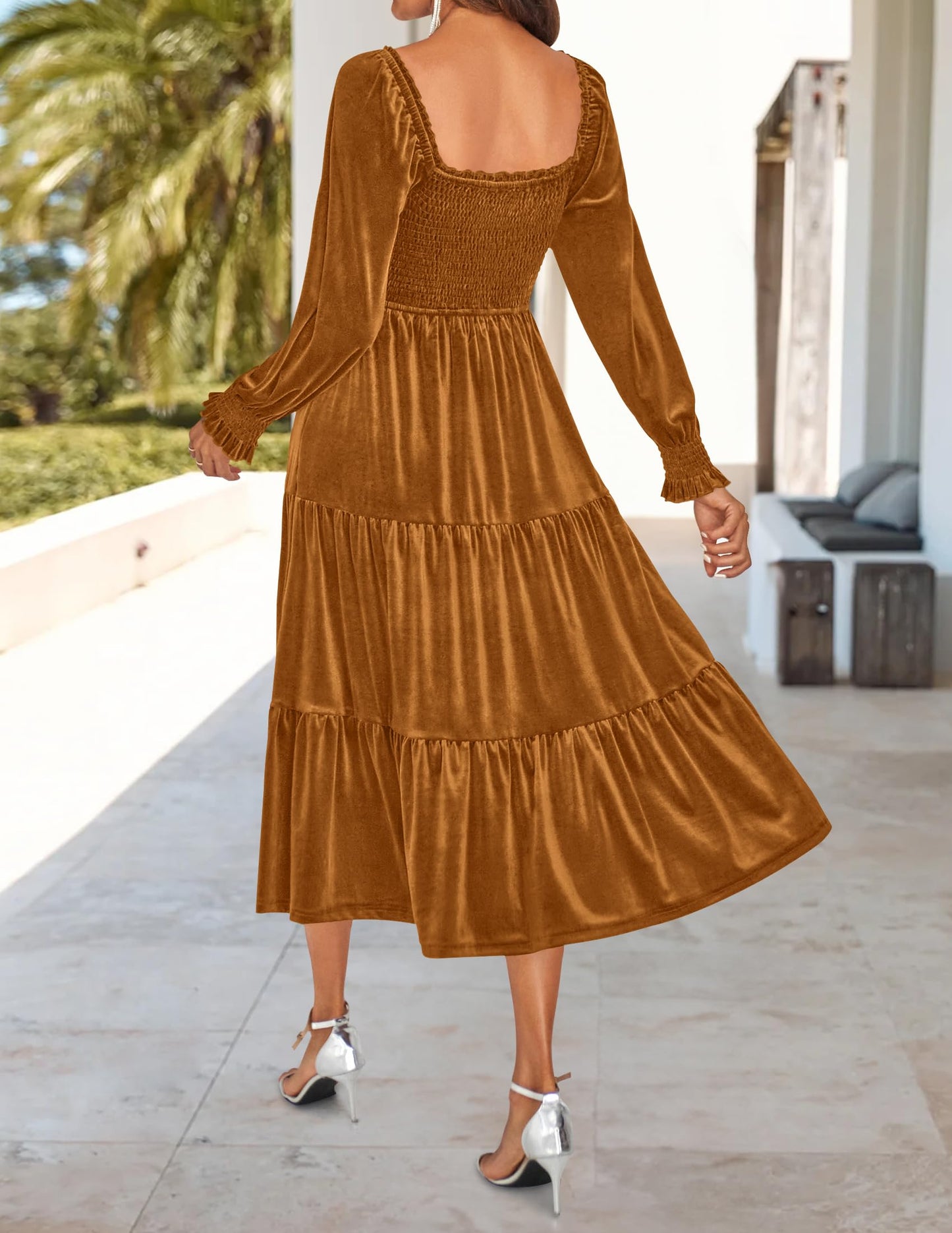 Evening Dress Women’s Velvet Long Sleeve Dresses Square Neck Ruffle A Line Flowy Midi Dress with Pockets Formal Wear Dresses Wedding Guest Dress