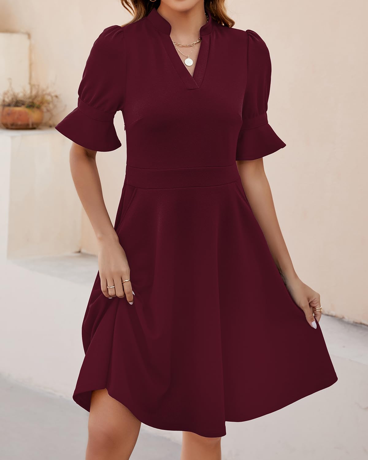 Evening Dress Womens V Neck Ruffle Short Sleeve Fit and Flare Knee Length Dresses with Pockets Formal Wear Dresses Wedding Guest Dress