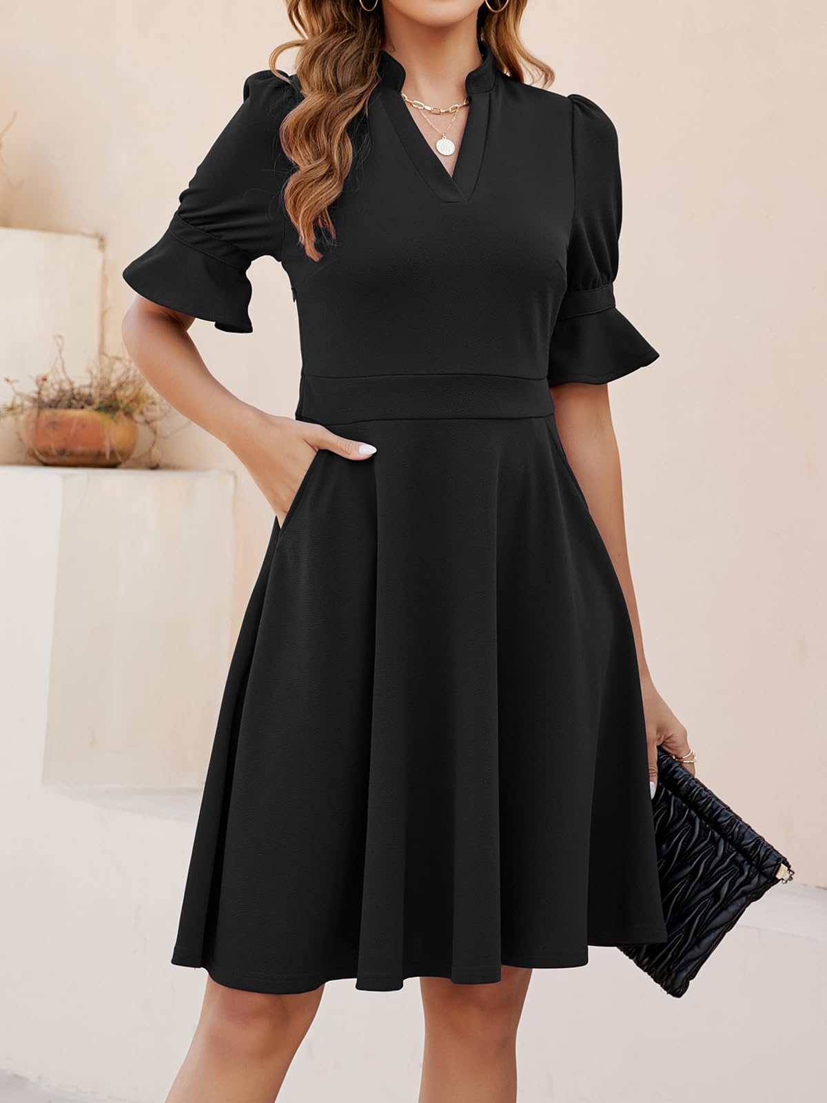 Evening Dress Womens V Neck Ruffle Short Sleeve Fit and Flare Knee Length Dresses with Pockets Formal Wear Dresses Wedding Guest Dress