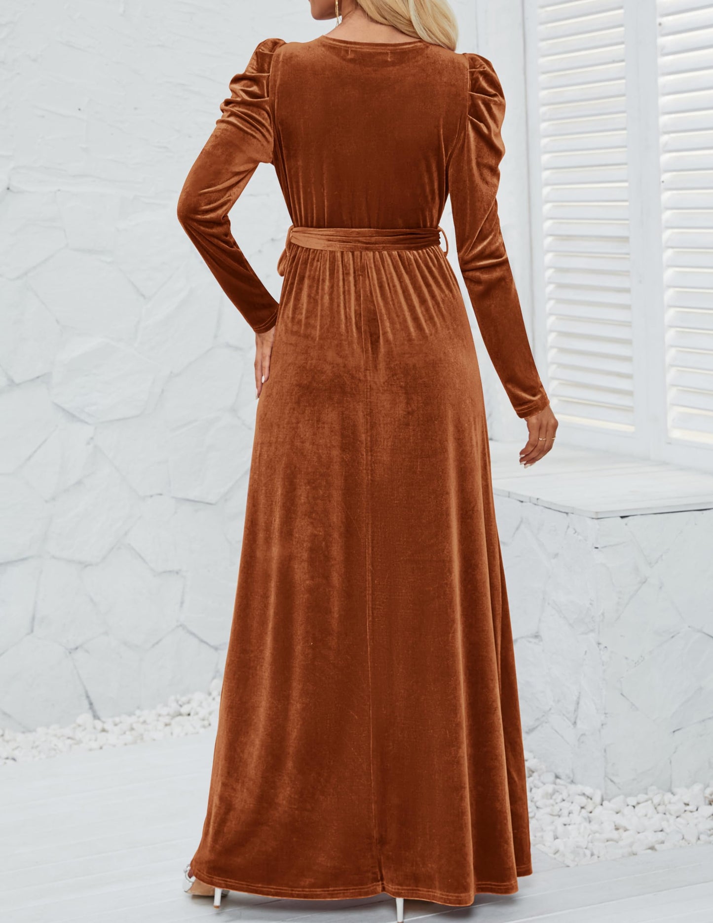 Evening Dress Women's Velvet Maxi Dress Long Puff Sleeve Crew Neck Formal Wear Dresses Wedding Guest Dress