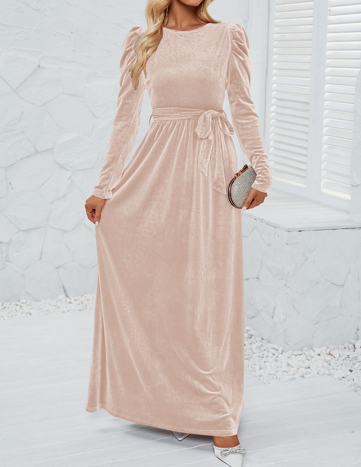 Evening Dress Women's Velvet Maxi Dress Long Puff Sleeve Crew Neck Formal Wear Dresses Wedding Guest Dress