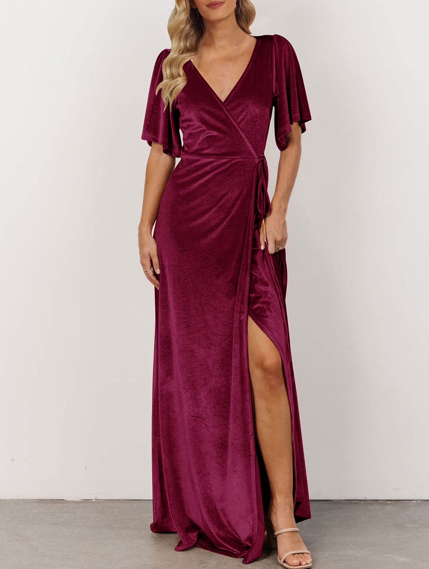 Evening Dress Women's V Neck Wrap Velvet Maxi Dress Slim Wrap Tie Waist Formal Wear Dresses Wedding Guest Dress