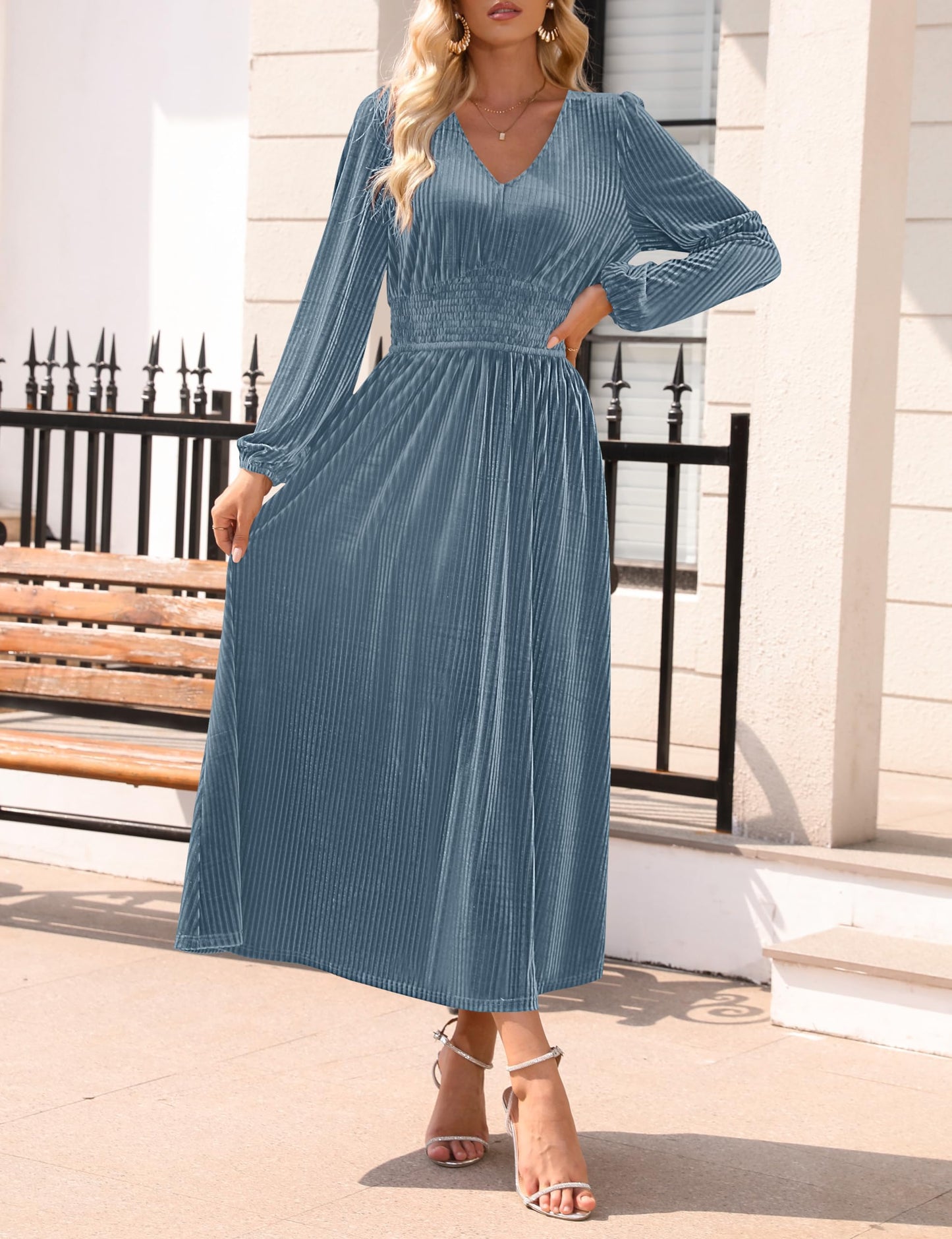 Evening Dress Women's Velvet Midi Dress Casual V Neck Long Sleeve Solid Color Elastic High Waist Flowy Formal Wear Dresses Wedding Guest Dress