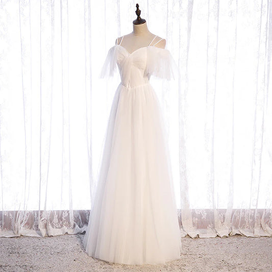 Wedding Dress A Line Bead String Shoulder Straps Tulle Long Simple Formal Wear Dresses