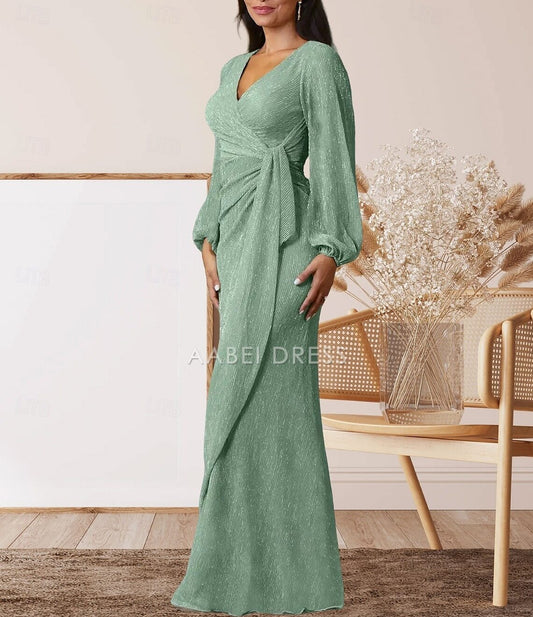 AABEI DRESS Wedding Guest Dress Elegant A-Line V Neck Sweet Floor Length Chiffon Long Sleeve with Ruffles Mother of the Bride Dress