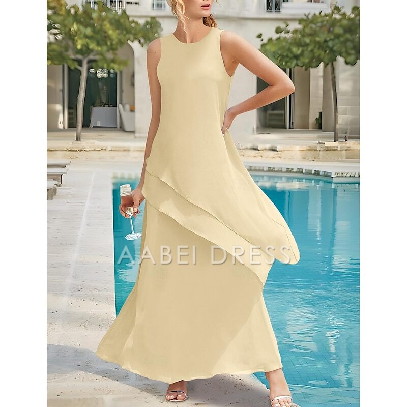 AABEI DRESS Wedding Guest Dress Simple Sheath Jewel Neck Sleeveless Ankle Length Tiers Solid Color Elegant Mother of the Bride Dress