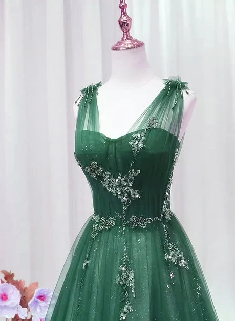 Forest Green Glitter Tulle A-Line V-Neck Lace-Up Back Floor-Length Dress - Aabei Dress