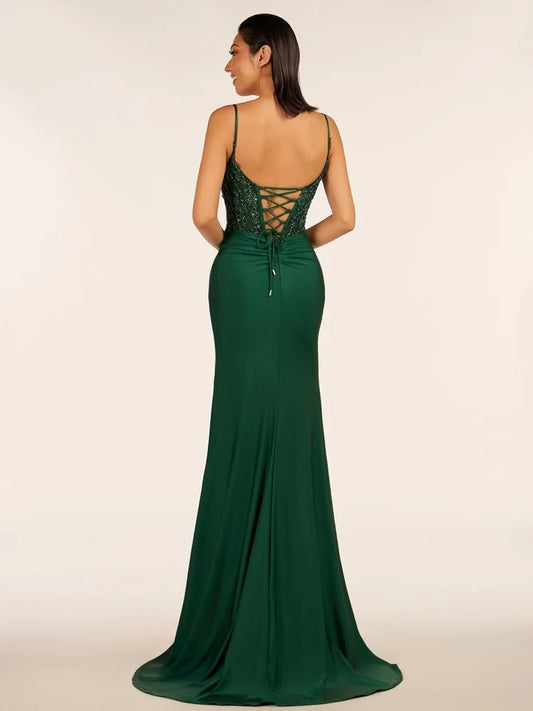 Forest Green Satin Sheath Column Sweetheart Lace-Up Back Floor-Length Dress Back View - Aabei Dress