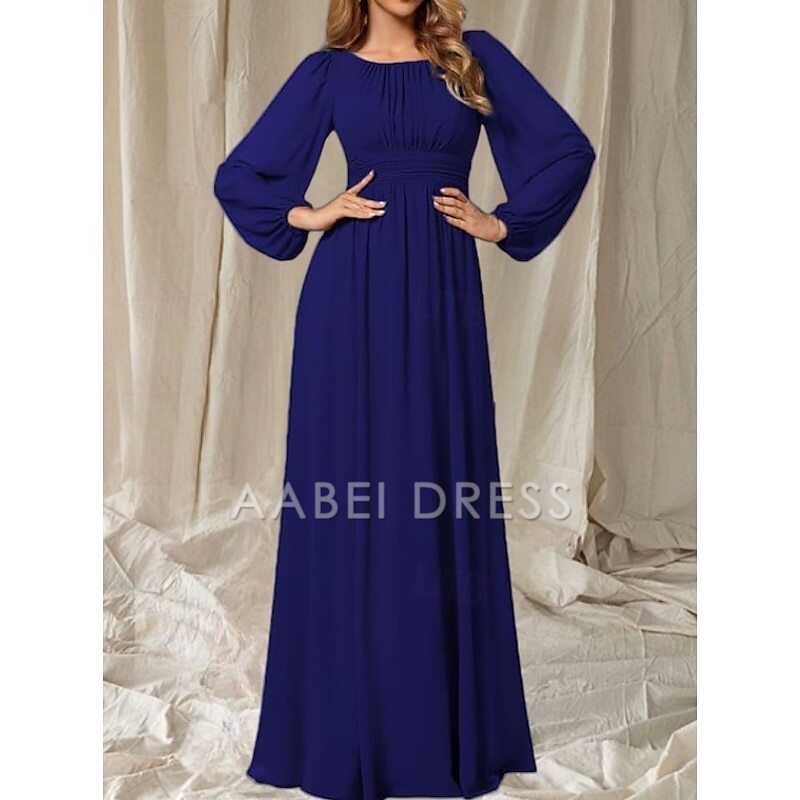 AABEI DRESS Wedding Guest Dress Elegant A-Line Crew Neck Long Sleeve Floor Length Chiffon Ruching Simple Mother of the Bride Dress