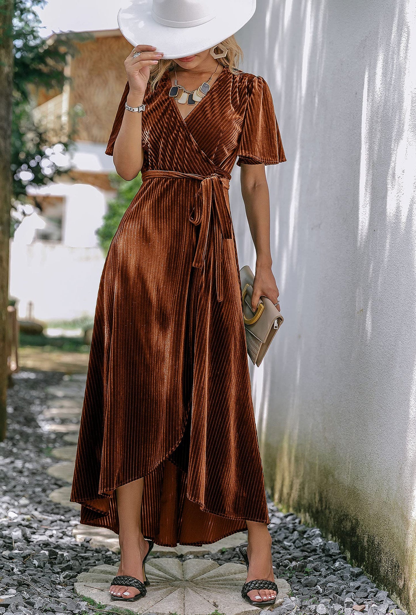 Evening dress Women's A-Line Velvet V Neck Short Flare Sleeve Cocktail Party Maxi Dress Elegant Formal Wear Dresses Wedding Guest Dress