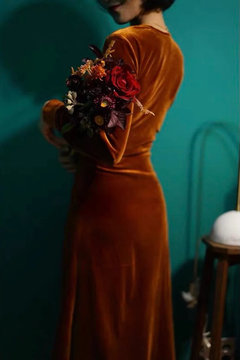 Evening Dress Velvet Dress Long Sleeves V Neck Fashion Formal Dresses Wedding Guest Dress