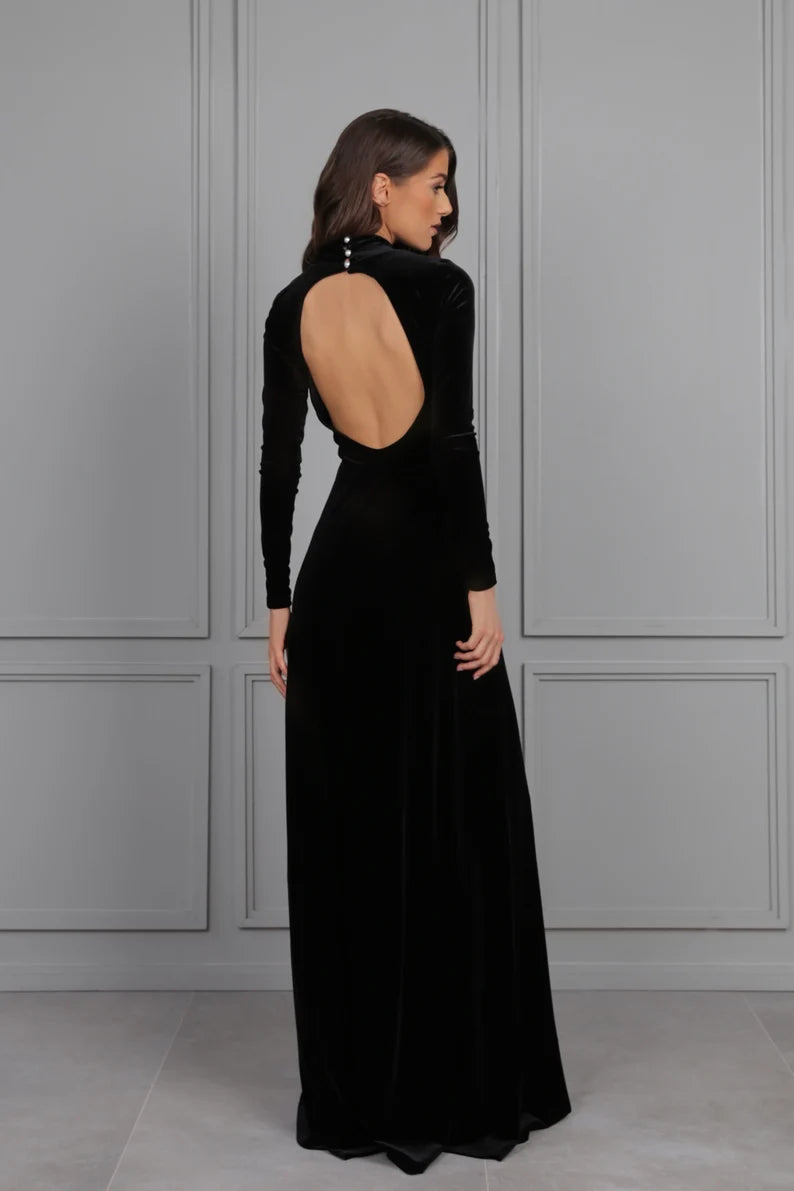 Evening Dress Velvet Dress Mock Neck Open Round Back Long Sleeves Longuette Formal Dresses Wedding Guest Dress