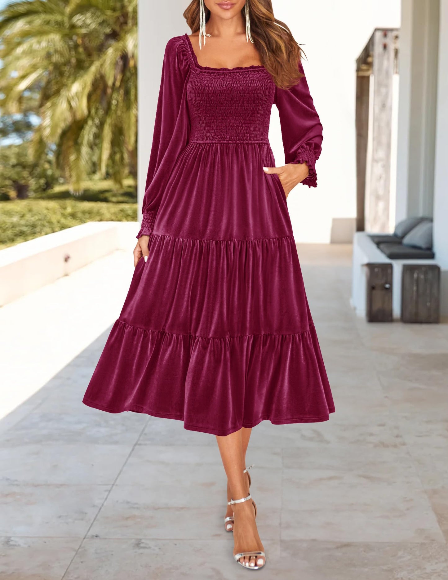 Evening Dress Women’s Velvet Long Sleeve Dresses Square Neck Ruffle A Line Flowy Midi Dress with Pockets Formal Wear Dresses Wedding Guest Dress