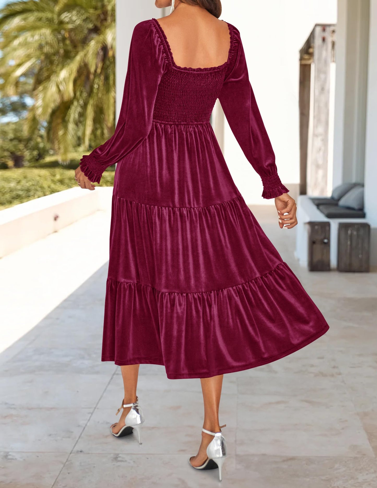 Evening Dress Women’s Velvet Long Sleeve Dresses Square Neck Ruffle A Line Flowy Midi Dress with Pockets Formal Wear Dresses Wedding Guest Dress