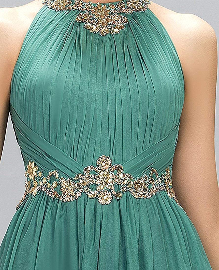 A-Line Minimalist Sparkle Wedding Guest Formal Evening Dress Halter Neck Sleeveless Floor Length Chiffon with Pleats Crystals