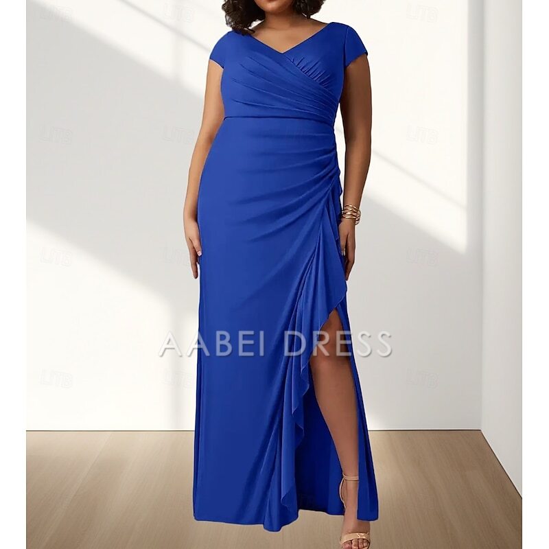 AABEI DRESS Wedding Guest Dress Elegant Mermaid V Neck Short Sleeve Pleats Split Curve Front Ruching Floor Length Plus Size Mother of the Bride Dress