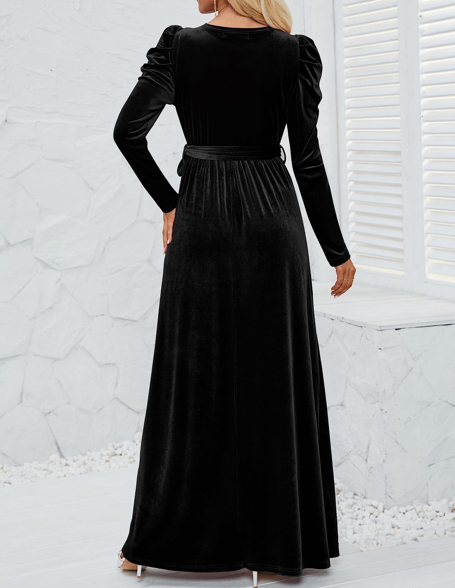 Evening Dress Women's Velvet Maxi Dress Long Puff Sleeve Crew Neck Formal Wear Dresses Wedding Guest Dress