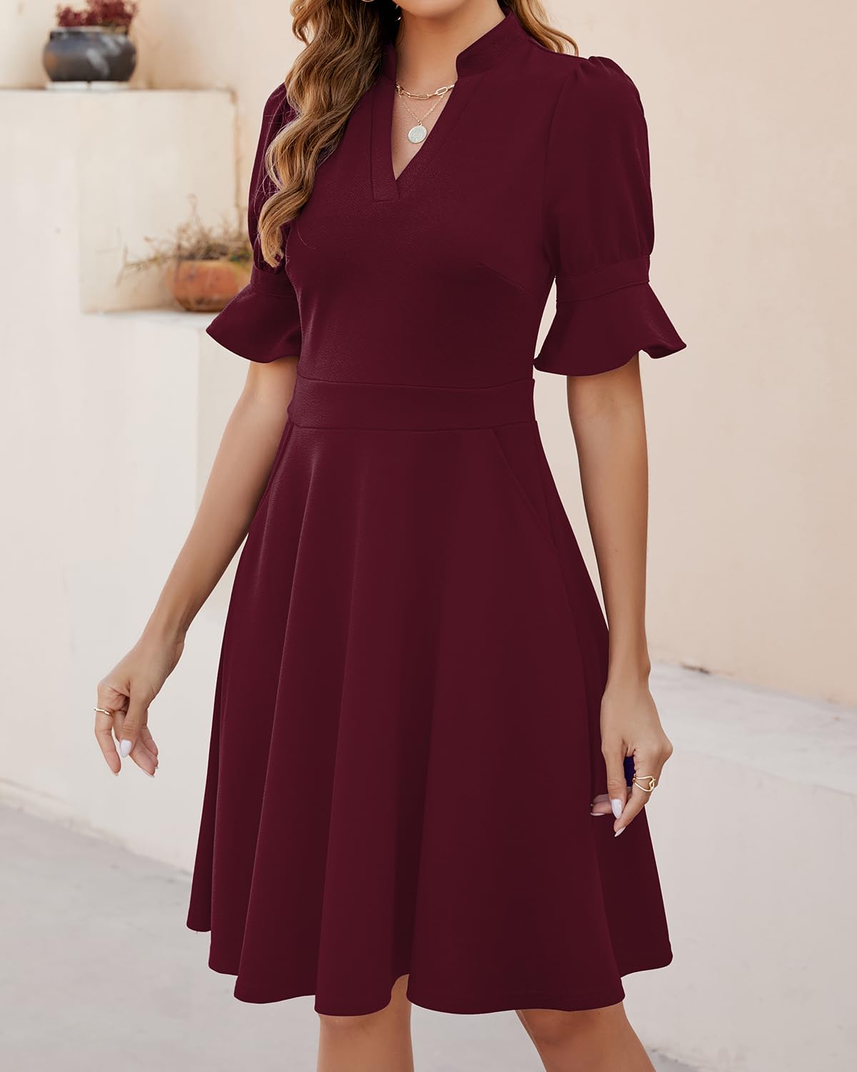 Evening Dress Womens V Neck Ruffle Short Sleeve Fit and Flare Knee Length Dresses with Pockets Formal Wear Dresses Wedding Guest Dress