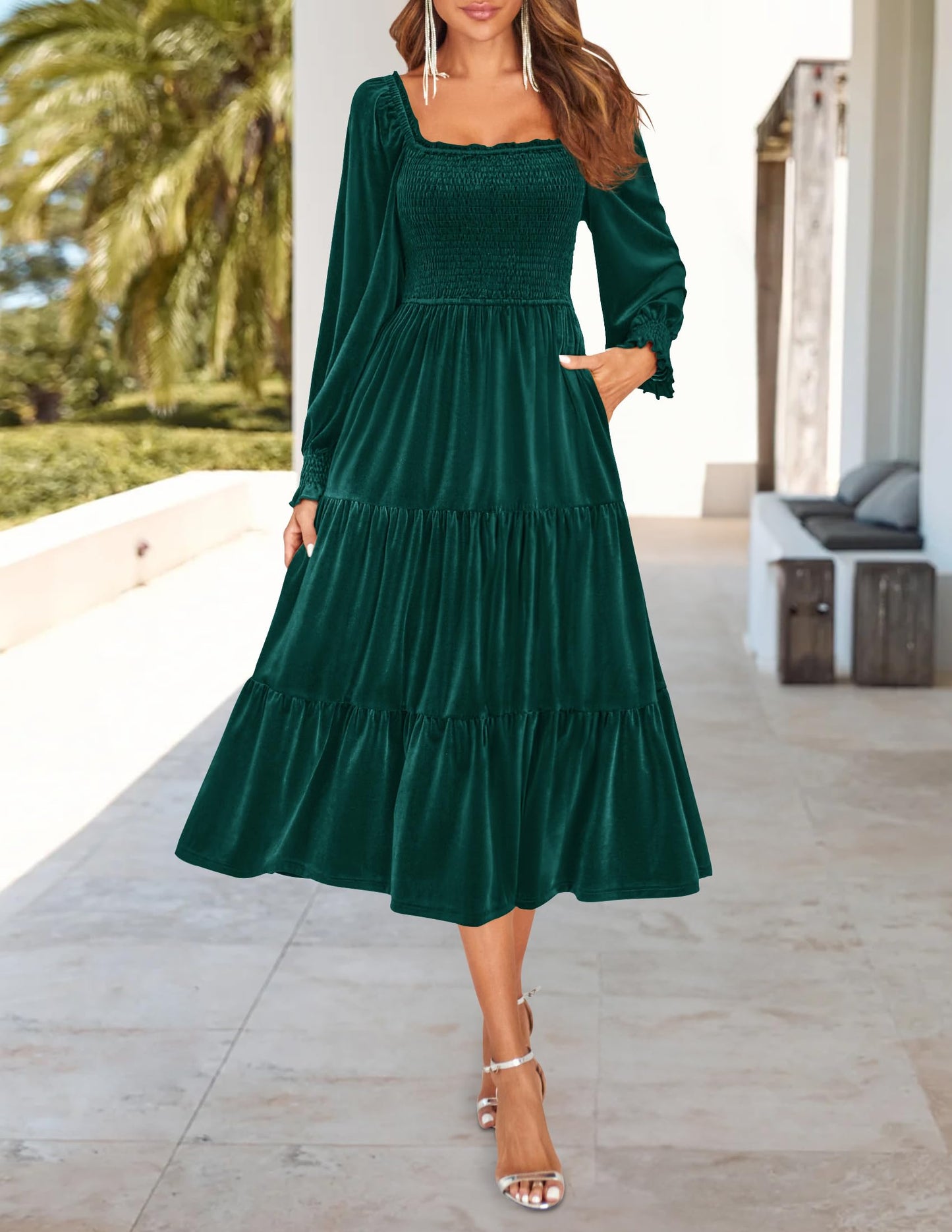 Evening Dress Women’s Velvet Long Sleeve Dresses Square Neck Ruffle A Line Flowy Midi Dress with Pockets Formal Wear Dresses Wedding Guest Dress