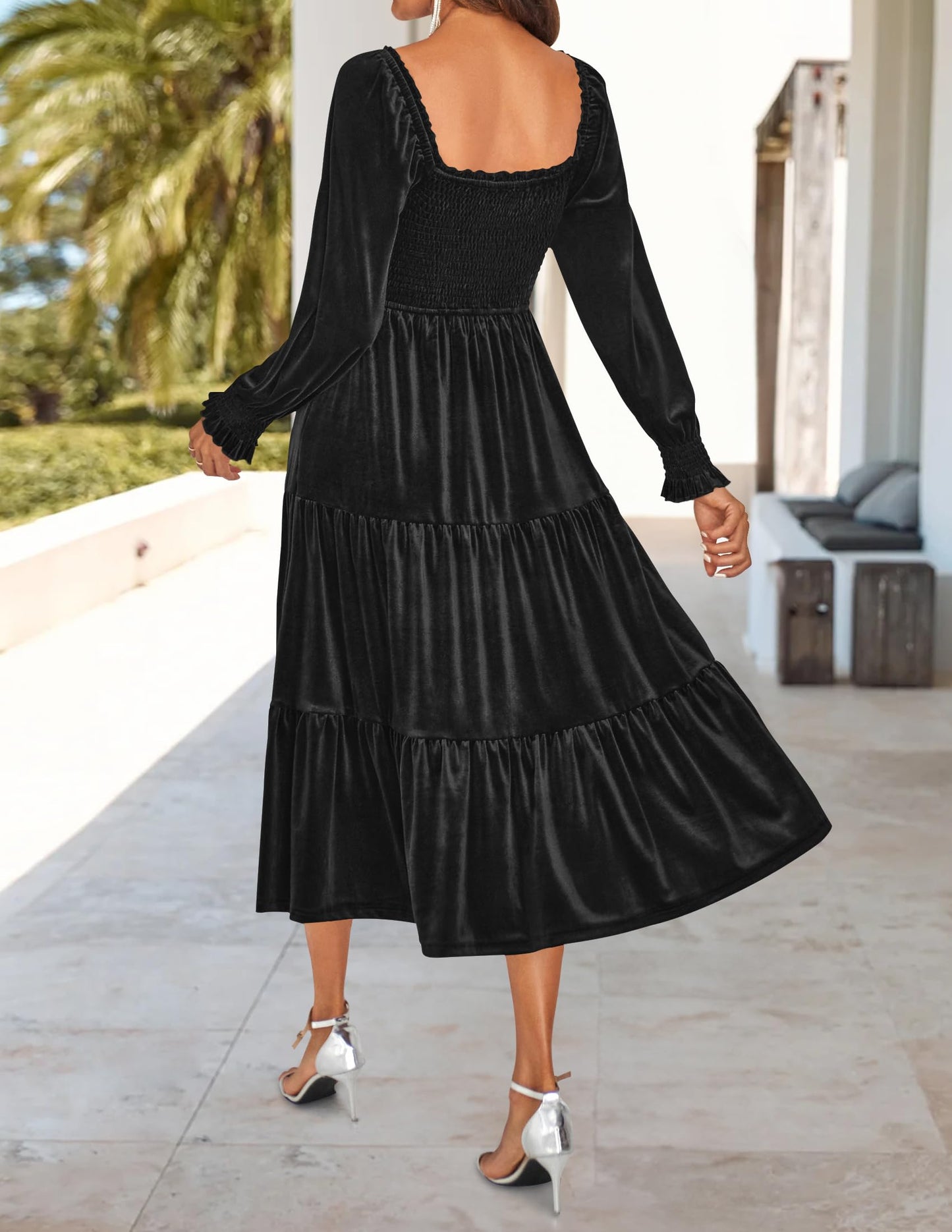 Evening Dress Women’s Velvet Long Sleeve Dresses Square Neck Ruffle A Line Flowy Midi Dress with Pockets Formal Wear Dresses Wedding Guest Dress