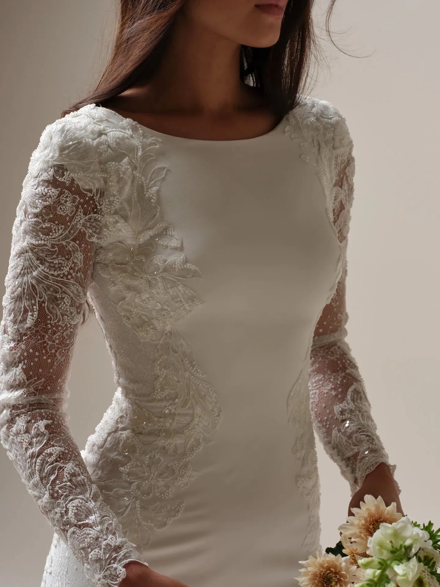 Wedding Dress Scoop Neck Long Sleeves Mermaid Beaded Crepe Floral Lace Sparkle Tulle Bridal Gown Formal Wear Dresses
