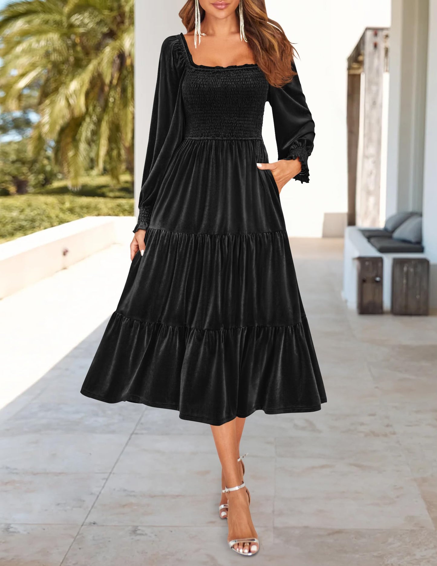 Evening Dress Women’s Velvet Long Sleeve Dresses Square Neck Ruffle A Line Flowy Midi Dress with Pockets Formal Wear Dresses Wedding Guest Dress