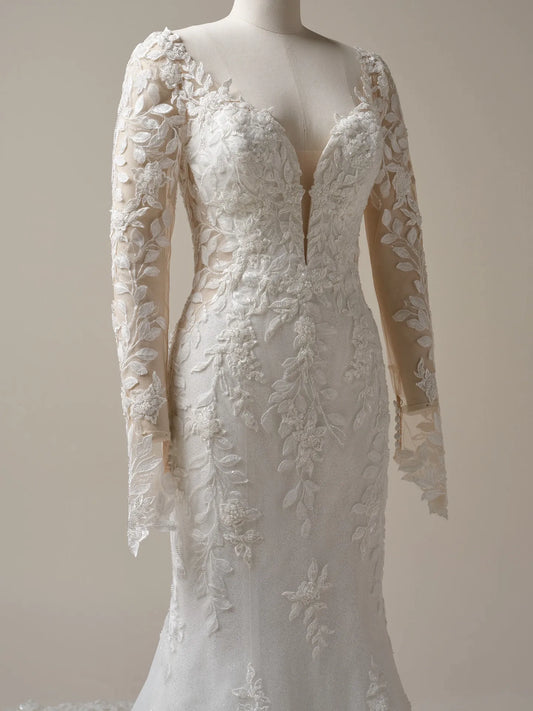 Wedding Dress V-Neck Long Sleeves Mermaid Sheath Beaded Floral Lace Satin Sparkle Bridal Gown Formal Wear Dress