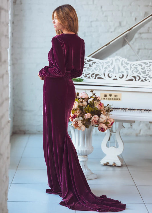 Evening Dress Velvet Dress Two Piece Set Long Sleeves Jacket Mermaid Bodycon Side Fork Maxi Dress Formal Dresses Wedding Guest Dress