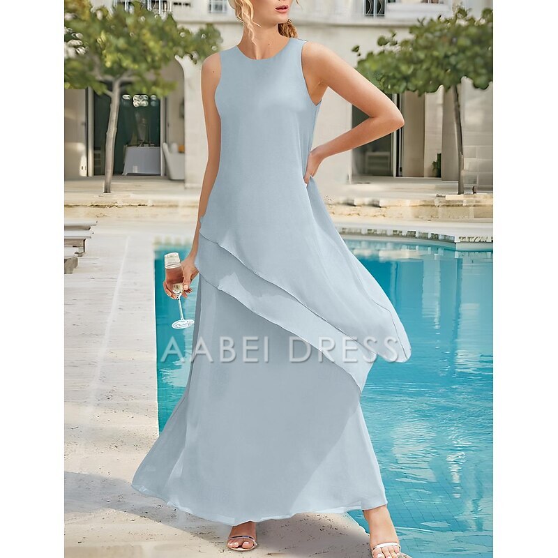 AABEI DRESS Wedding Guest Dress Simple Sheath Jewel Neck Sleeveless Ankle Length Tiers Solid Color Elegant Mother of the Bride Dress
