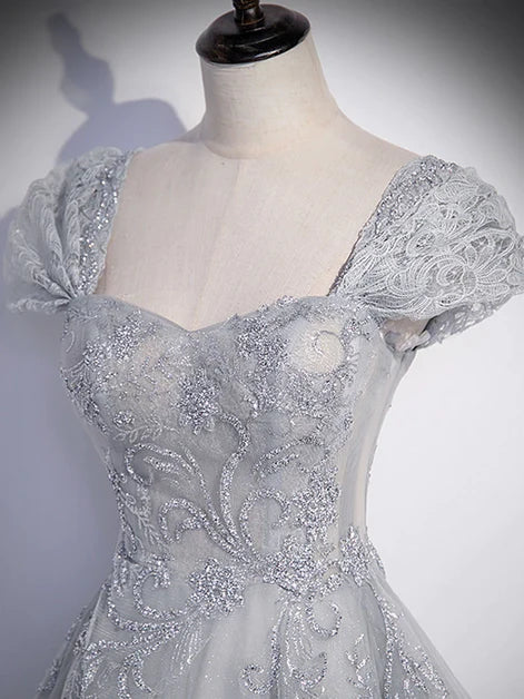 Grey Tulle A-Line Sweetheart Lace-Up Back Floor-Length Dress - Aabei Dress