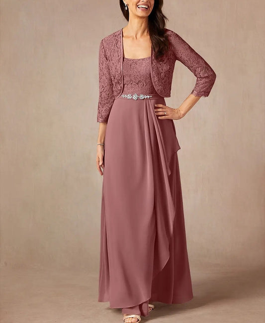 AABEI DRESS Wedding Guest Dress Two Piece A-Line Sweet Crew Neck 3/4 Length Sleeve Floor Length Lace Beading Ruffles Elegant Mother of the Bride Dress