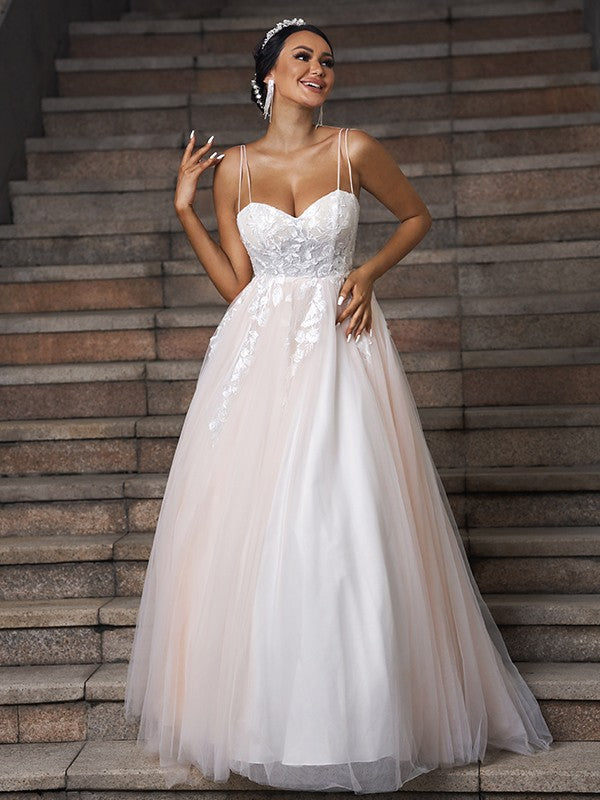 A-Line/Princess Tulle Applique Sweetheart Sleeveless Sweep/Brush Train Wedding Dresses A-Line/Princess Tulle Applique Sweetheart Sleeveless Sweep/Brush Train Wedding Dresses