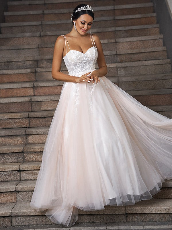 A-Line/Princess Tulle Applique Sweetheart Sleeveless Sweep/Brush Train Wedding Dresses A-Line/Princess Tulle Applique Sweetheart Sleeveless Sweep/Brush Train Wedding Dresses