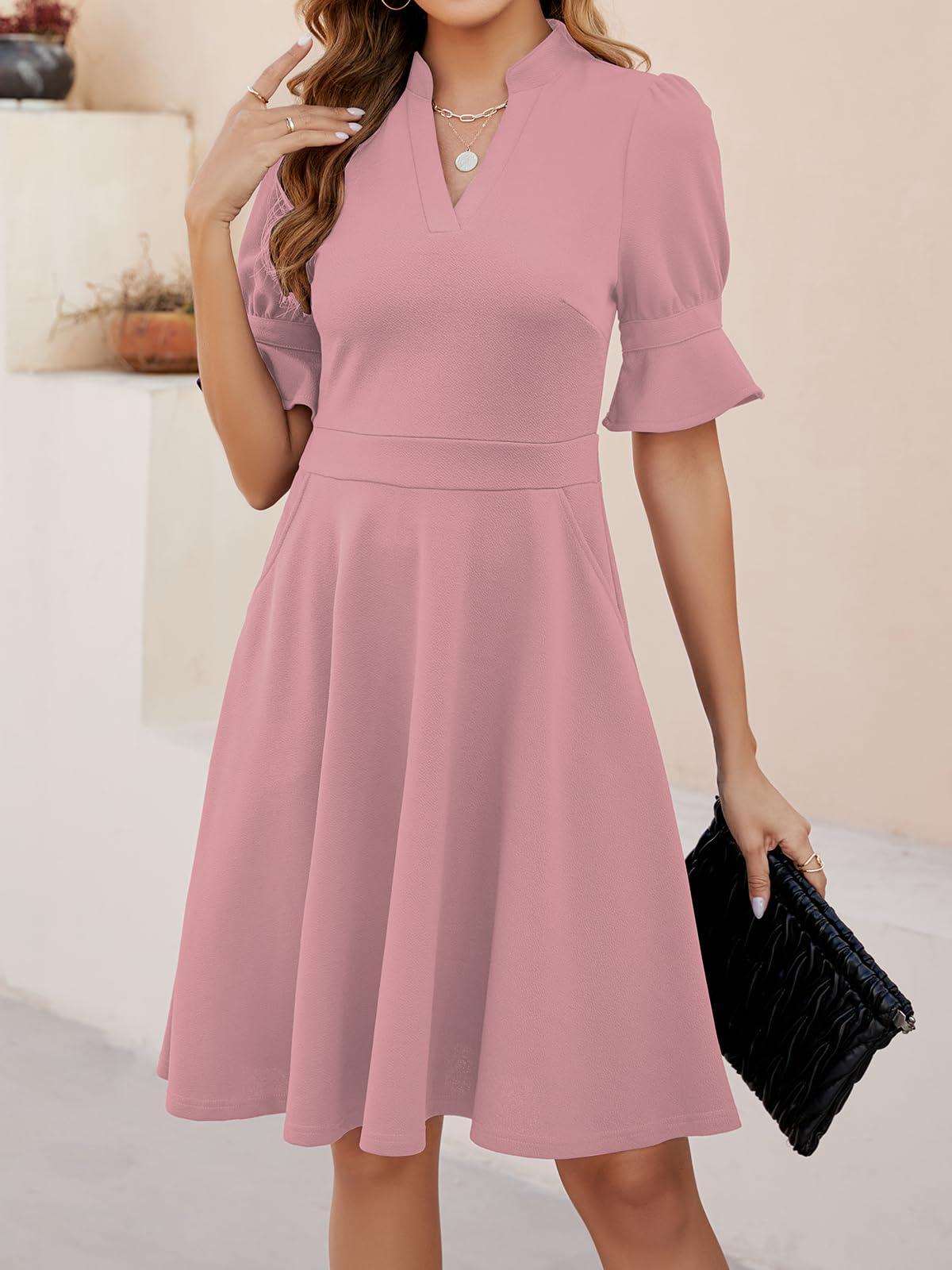 Evening Dress Womens V Neck Ruffle Short Sleeve Fit and Flare Knee Length Dresses with Pockets Formal Wear Dresses Wedding Guest Dress