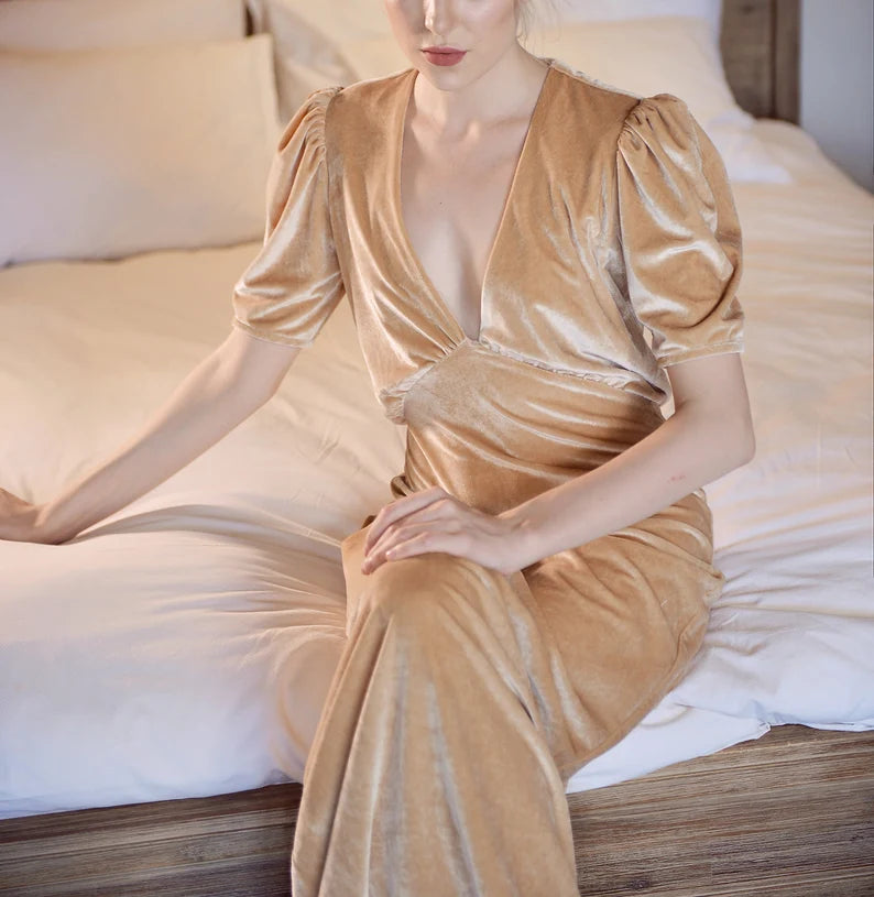 Evening Dress Velvet Dress Deep V Neck Short Sleeve Longuette Formal Dresses Wedding Guest Dress