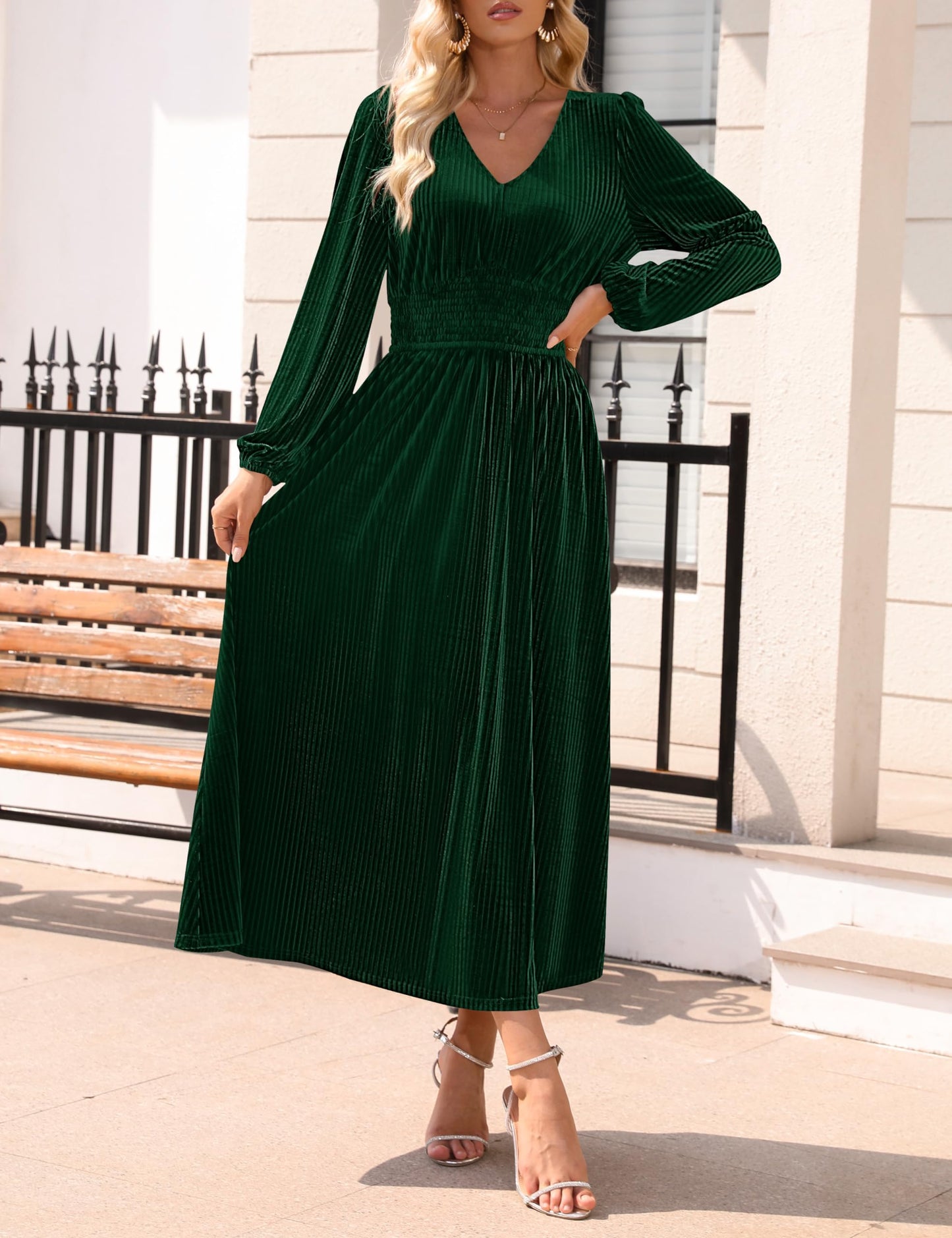 Evening Dress Women's Velvet Midi Dress Casual V Neck Long Sleeve Solid Color Elastic High Waist Flowy Formal Wear Dresses Wedding Guest Dress