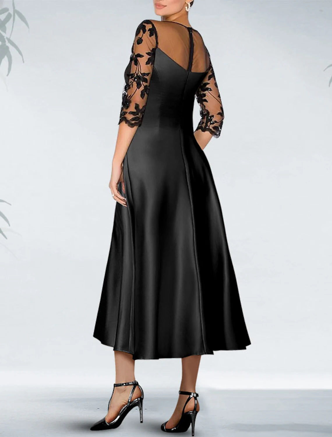 A-Line Cocktail Black Dress Appliques Elegant Dress Fall Wedding Guest Dress For Mother Knee Length 3/4 Length Sleeve Off Shoulder Pocket Satin with Beading Pocket Mother of the Bride Dresses