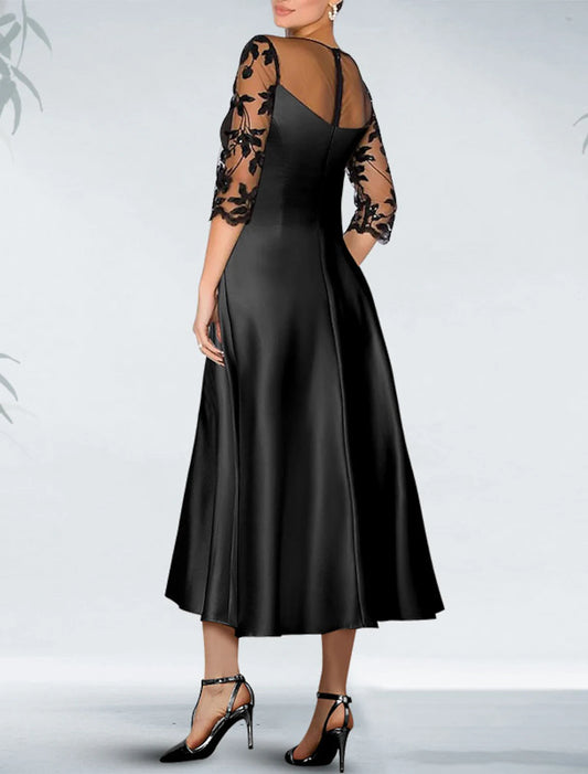 A-Line Cocktail Black Dress Appliques Elegant Dress Fall Wedding Guest Dress For Mother Knee Length 3/4 Length Sleeve Off Shoulder Pocket Satin with Beading Pocket Mother of the Bride Dresses