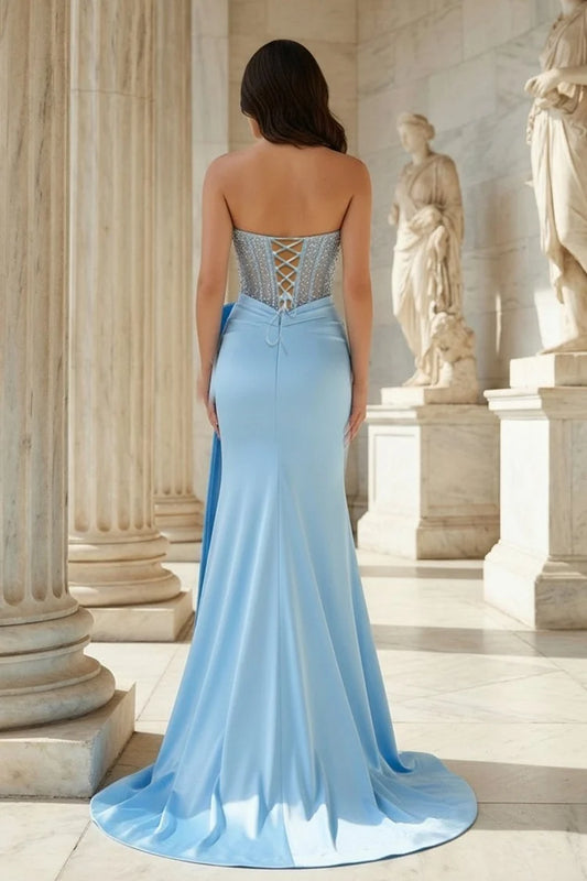 Light Blue Strapless Mermaid Gown Beaded Corset Big Bow High Slit Lace Up Back Prom Dress
